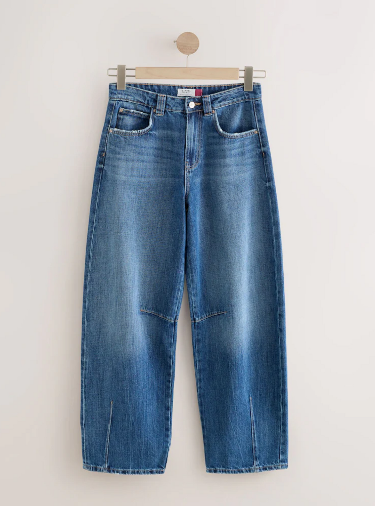 Mid Blue Denim Seam Front Barrel Leg Jeans