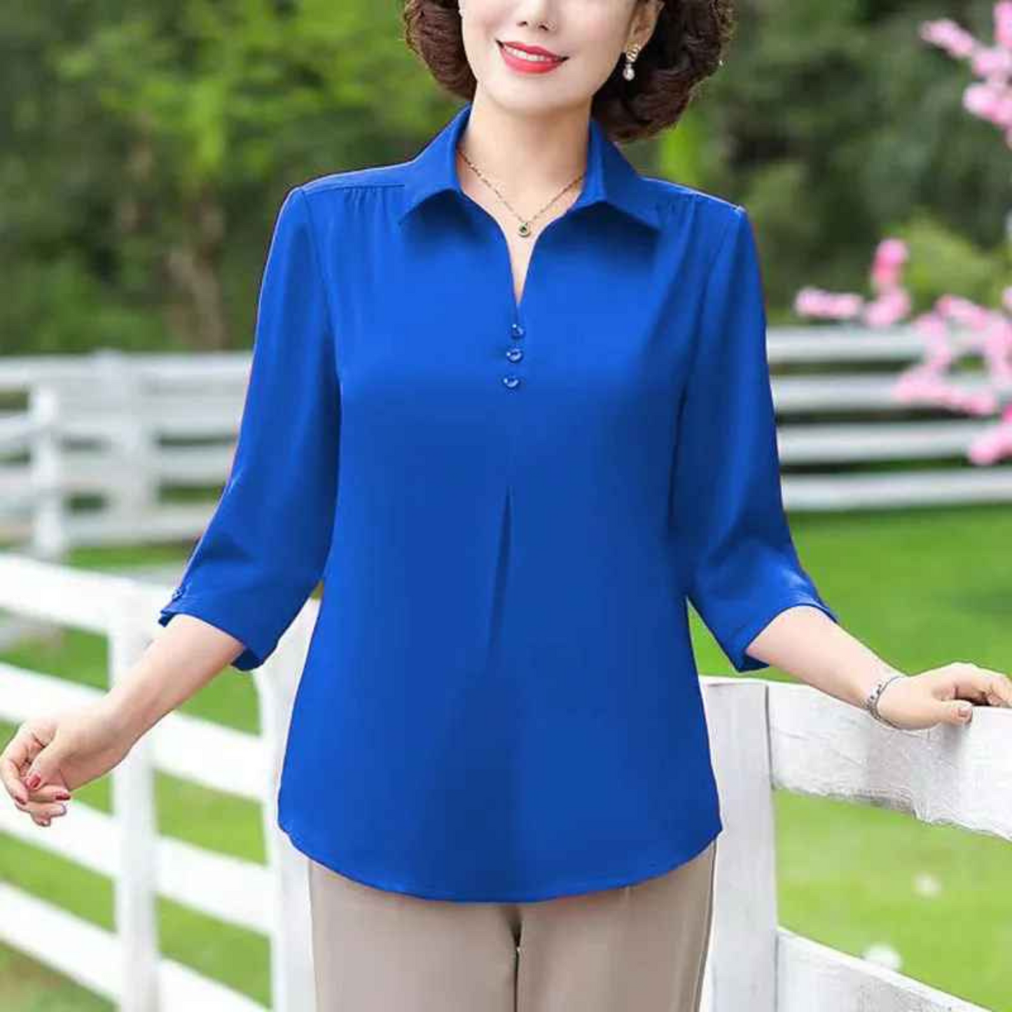 Women's Summer Solid Blouse – Casual Half Sleeve Pullover Shirt with Turn-Down Collar, Loose Fit for Moms