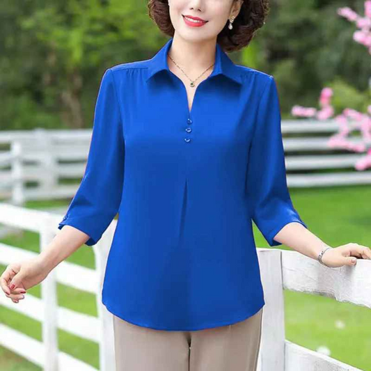 Women's Summer Solid Blouse – Casual Half Sleeve Pullover Shirt with Turn-Down Collar, Loose Fit for Moms