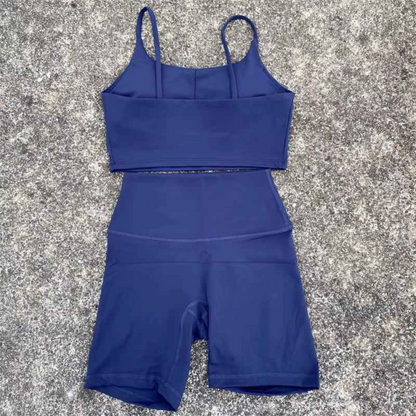 Solid Color Gym Cycling shorts Yoga Set Short Legging +Spaghetti straps Sport Bra Athletic Women Suit Comprehensive Training Jog