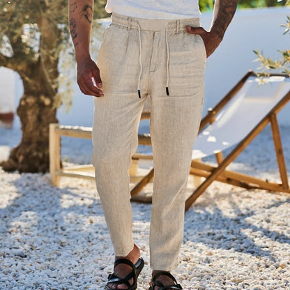 Autumn Thin Casual Cotton And Linen Drawstring Straight-leg Trousers