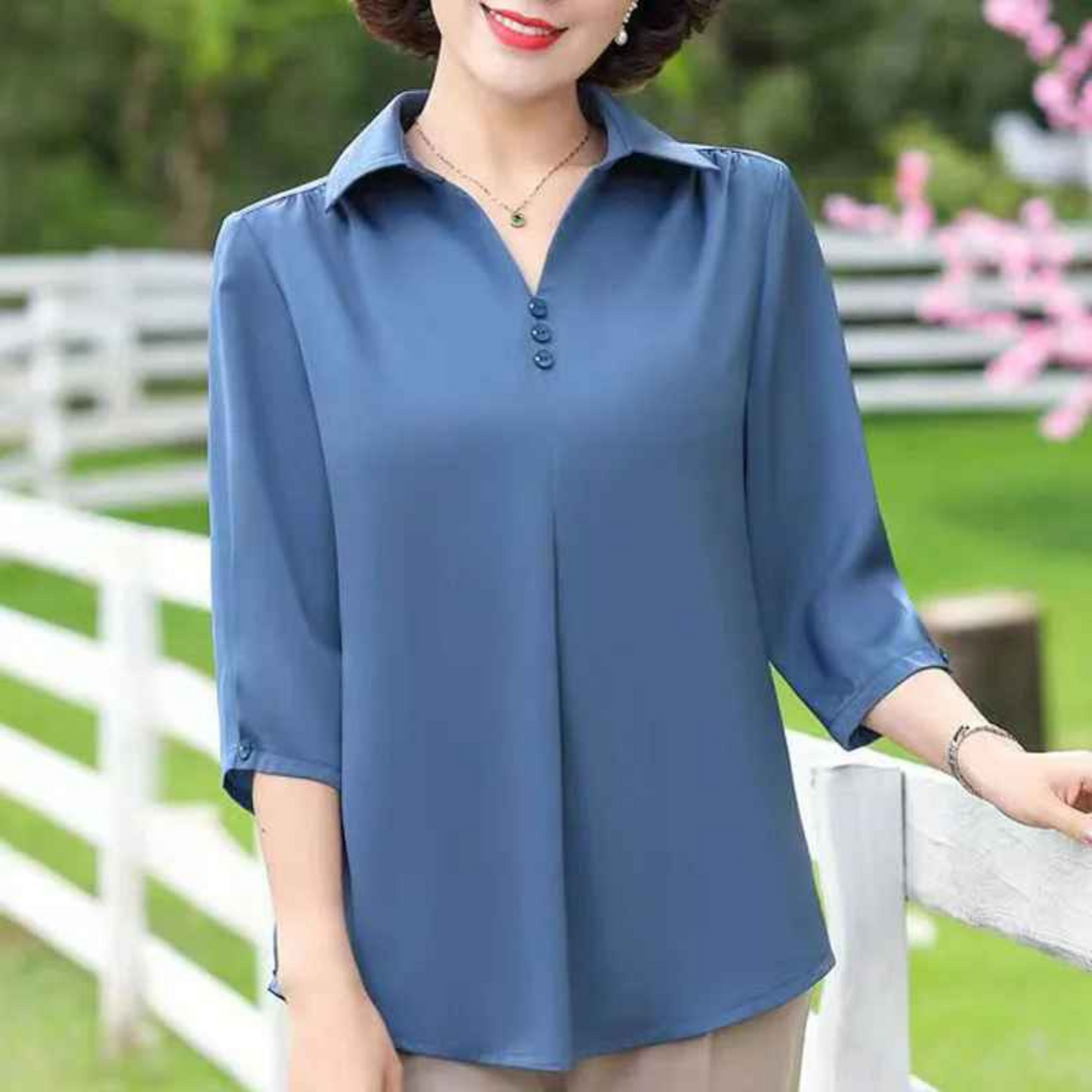 Women's Summer Solid Blouse – Casual Half Sleeve Pullover Shirt with Turn-Down Collar, Loose Fit for Moms