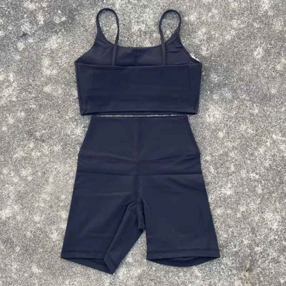 Solid Color Gym Cycling shorts Yoga Set Short Legging +Spaghetti straps Sport Bra Athletic Women Suit Comprehensive Training Jog
