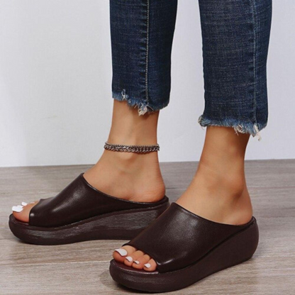 Fashion Women Leather Slippers White Ladies Retro Peep Toe Platform Shoes Clogs Slip On Sandals Wedges Sandles Shoe