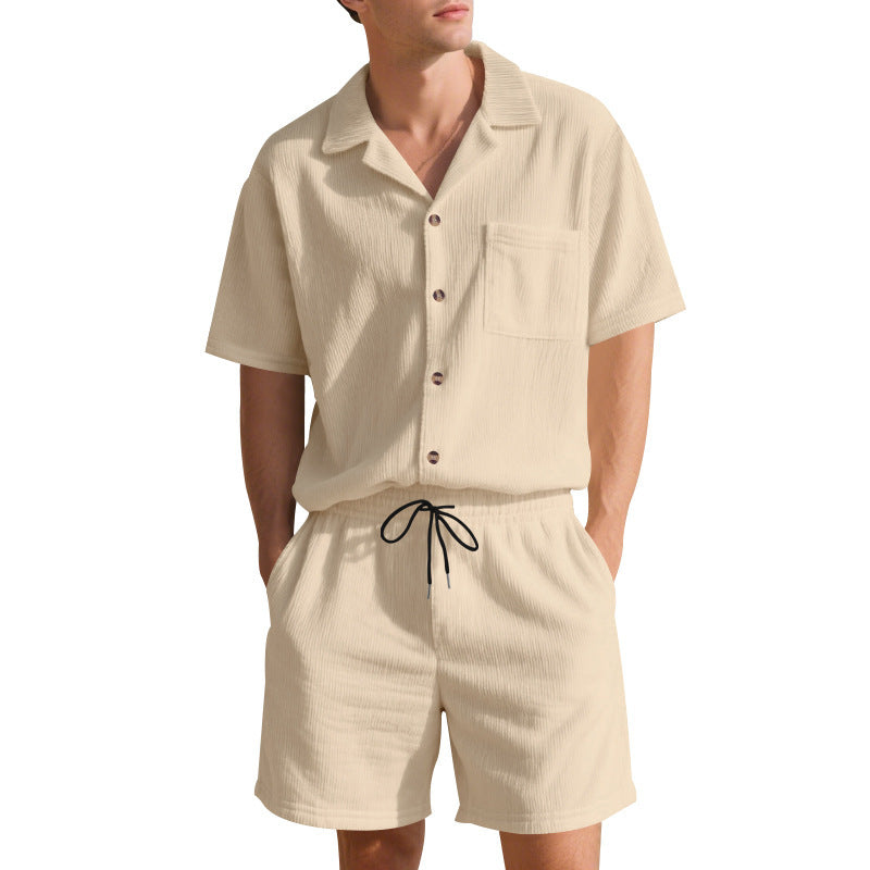 Summer Solid Color Vertical Stripes Short Sleeve Shorts