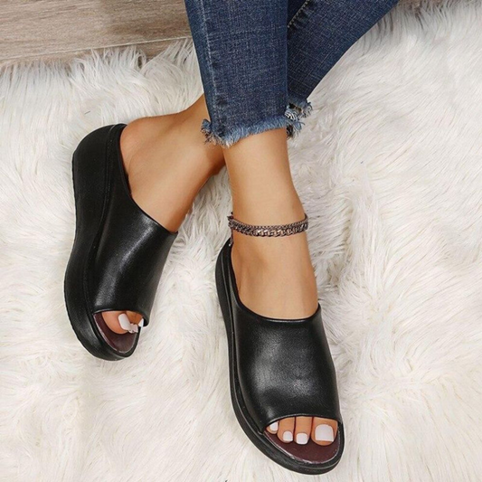 Fashion Women Leather Slippers White Ladies Retro Peep Toe Platform Shoes Clogs Slip On Sandals Wedges Sandles Shoe