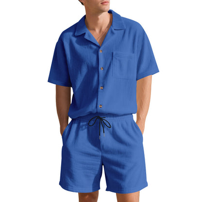 Summer Solid Color Vertical Stripes Short Sleeve Shorts