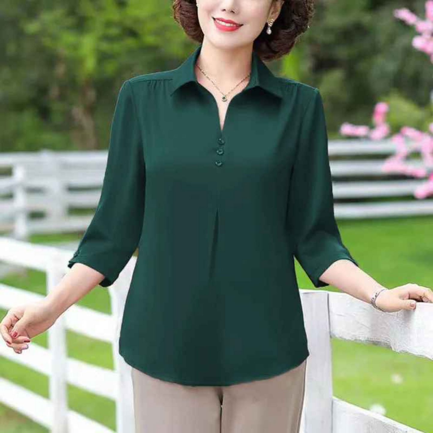 Women's Summer Solid Blouse – Casual Half Sleeve Pullover Shirt with Turn-Down Collar, Loose Fit for Moms