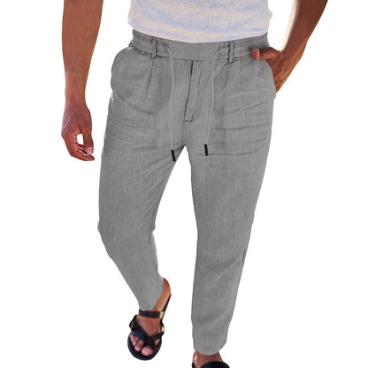 Autumn Thin Casual Cotton And Linen Drawstring Straight-leg Trousers