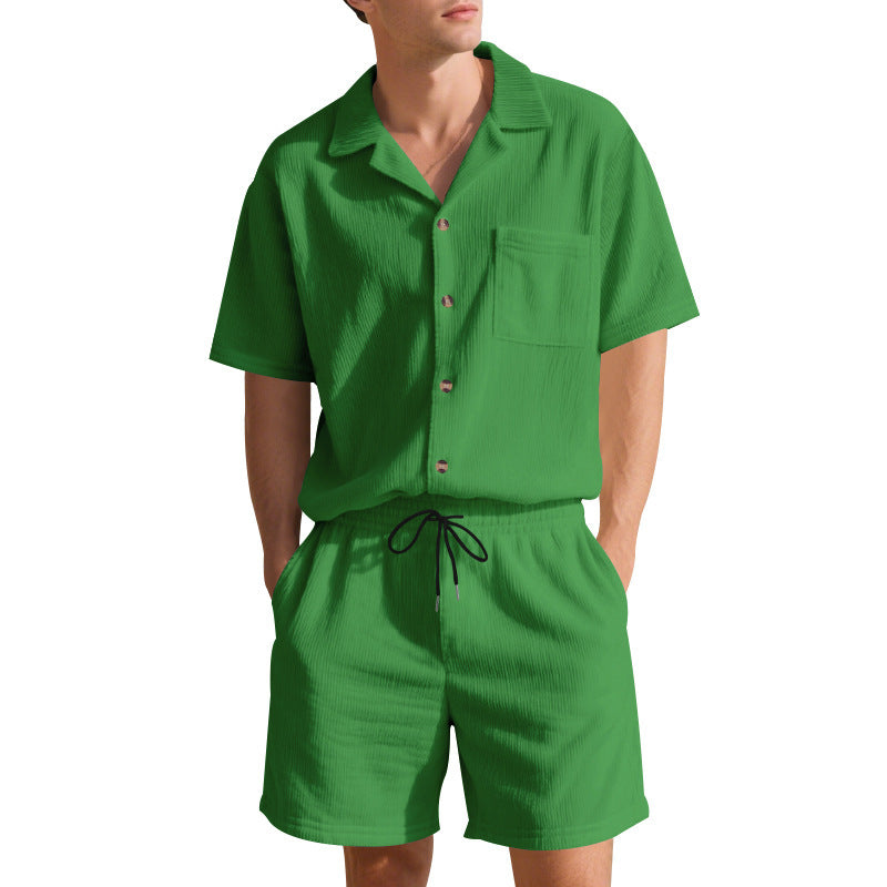 Summer Solid Color Vertical Stripes Short Sleeve Shorts