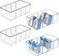 4 Pack Food Storage Organizer Bins, Clear Plastic Bins for Pantry, Kitchen, Fridge, Cabinet Organization and Storage, 4 Compartment Holder Packets, Snacks, Pouches, Spice Packets