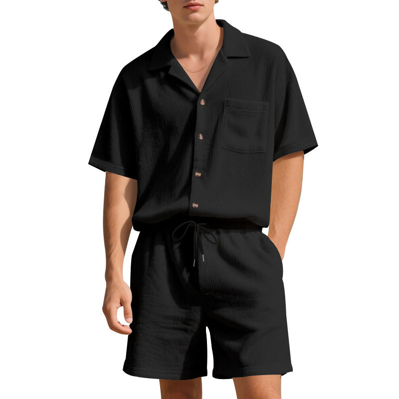 Summer Solid Color Vertical Stripes Short Sleeve Shorts