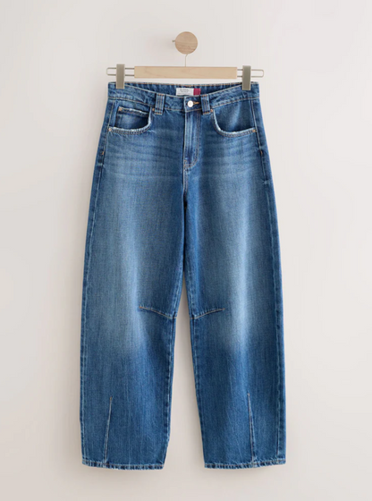 Mid Blue Denim Seam Front Barrel Leg Jeans