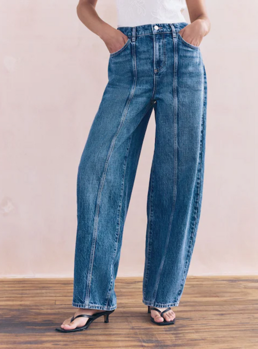 Mid Blue Denim Seam Front Barrel Leg Jeans