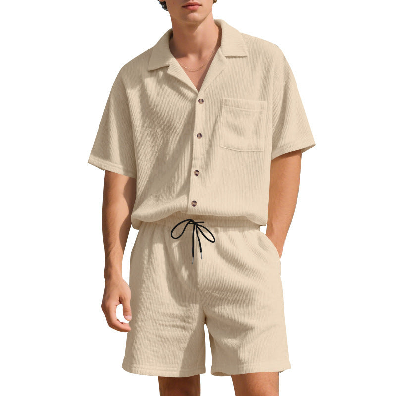 Summer Solid Color Vertical Stripes Short Sleeve Shorts
