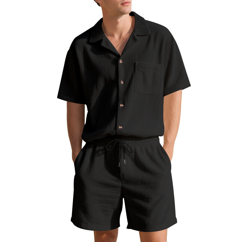 Summer Solid Color Vertical Stripes Short Sleeve Shorts