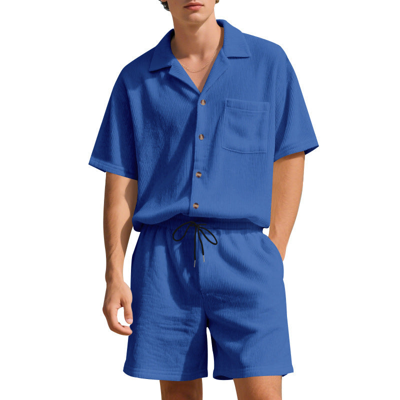 Summer Solid Color Vertical Stripes Short Sleeve Shorts