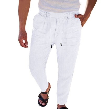 Autumn Thin Casual Cotton And Linen Drawstring Straight-leg Trousers
